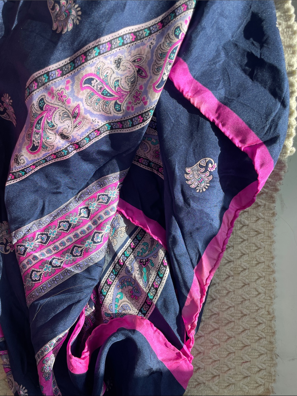 Vtg Silk Scarf Navy Paisley